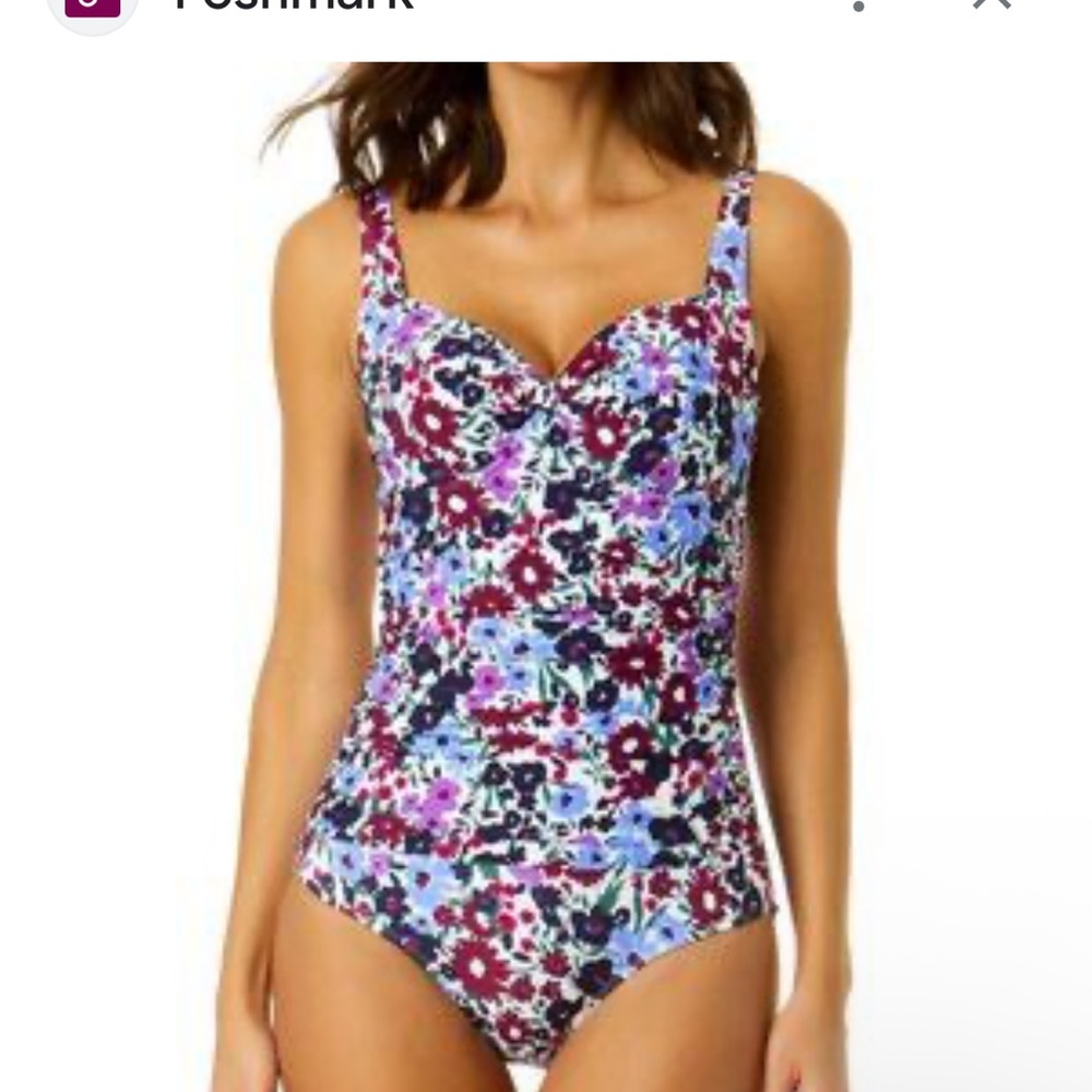 Anne Cole Floral Ruched One-Piece Swimsuit in Multicolor Size 14 NWT